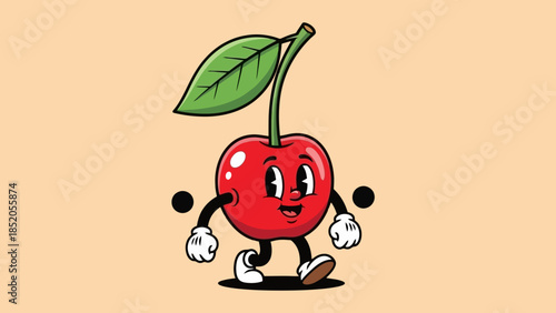 Cartoon cherry character with arms and legs walking forward with a happy face