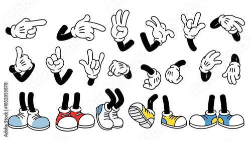 Cartoon character body parts collection in various poses with gloves and shoes set on white
