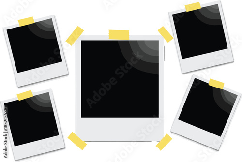 Blank instant photo frames taped together isolated on white background, retro photography collage and scrapbook mockup vector illustration