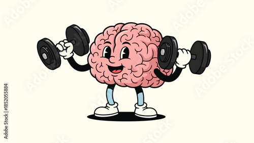 Cartoon Brain Character Exercising with Dumbbells Concept Vector Illustration on Beige Background