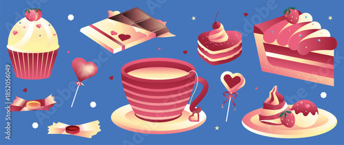 Set of tasty desserts for Valentine's Day. Gradient style cakes, cupcakes, cherries, strawberries, macarons, hot milk, ice cream. Hand drawn vector illustrations.