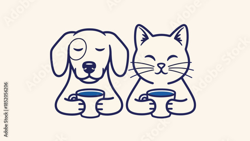Cute Cartoon Dog and Cat Enjoying Coffee Together in Cozy Illustration