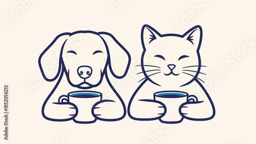 Dog and Cat Enjoying Coffee Together: Simple Art Illustration