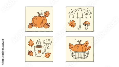 Autumnal Illustrations: Pumpkin, Umbrella, and Cozy Seasonal Elements in Vector Format