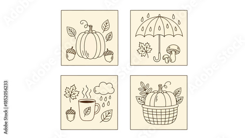 Autumnal illustrations with pumpkin, mushroom, umbrella, and coffee for seasonal themes