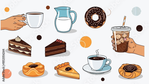 Delicious bakery sweets and beverages, a tempting assortment of treats and drinks to enjoy