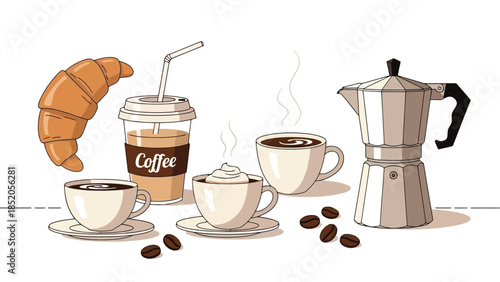 Delicious Breakfast Scene with Coffee, Croissant, and Coffee Maker: Culinary Delight