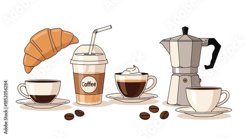 Delicious coffee and pastry breakfast concept with various beverages and treats on white background
