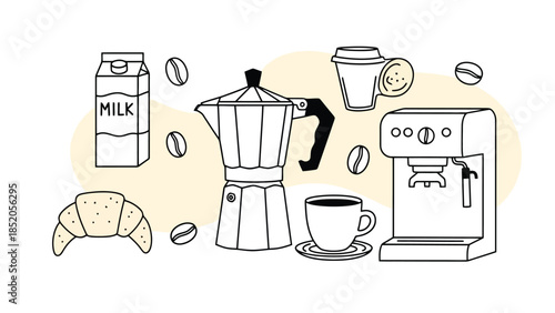 Coffee shop illustration with various elements like a croissant, milk carton, and coffee machine