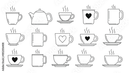 Collection of various art coffee and tea cup illustrations with steam and heart designs