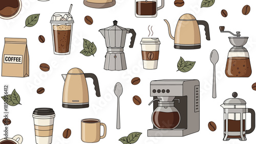 Seamless illustration of coffee-related objects on a white background, perfect for designs