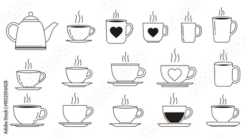 Collection of coffee cups and a teapot, outlined in black, perfect for design and illustrations.
