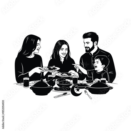 Family sitting around a table eating food together in a black and white illustration, minimal islamic silhouette