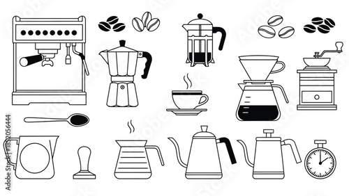 Coffee preparation equipment illustration. Brewing methods for home and cafe, beverages and tools.