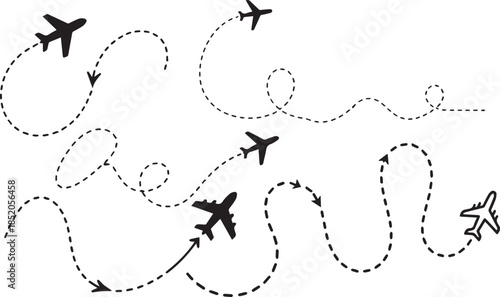 Dotted airplane flight path illustration showing travel routes and journey directions on white background