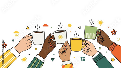 Diverse group celebrating friendship and togetherness with coffee, warm and welcoming.