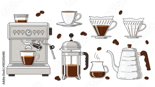 Coffee brewing methods illustration, featuring various equipment and beans on a white background