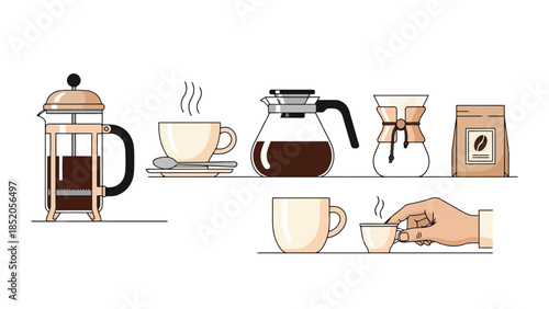 Coffee brewing and serving process in minimalist illustration style on white background