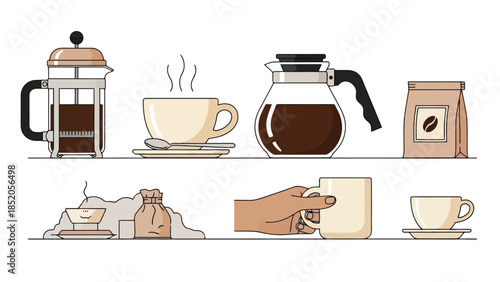 Coffee brewing methods, mugs, and ingredients illustrated in a clean, modern design