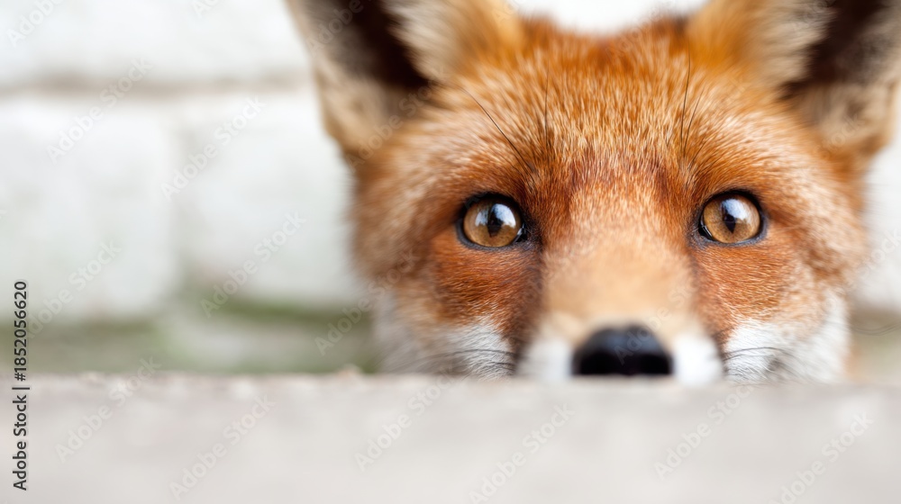 Obraz premium Fox looks curiously over a low wall in a garden during daytime hours