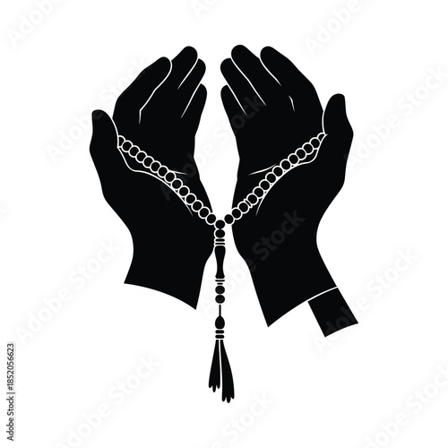Black silhouette of hands holding a tasbih prayer rosary, minimal islamic silhouette