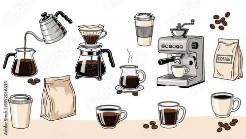 Coffee preparation and enjoyment illustration, featuring various brewing methods and supplies