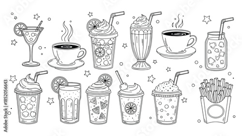 Collection of hand-drawn beverages and snacks with star decorations, ideal for menu design.