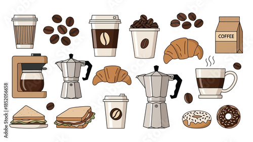 Coffee and breakfast elements illustration, isolated on white, for design and advertising.