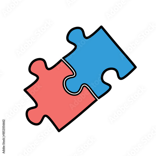 Two Interlocking Puzzle Pieces in Blue and Red, Isolated on White Background, Graphic Illustration, Concept of Connection and Unity