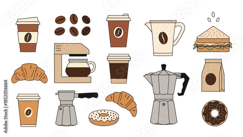 Coffee and breakfast icons set: croissants, sandwiches, beans, and coffee makers.