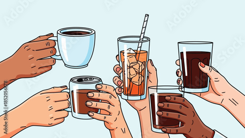 Diverse Hands Raising Drinks in Celebration: A Toast to Friendship and Gathering
