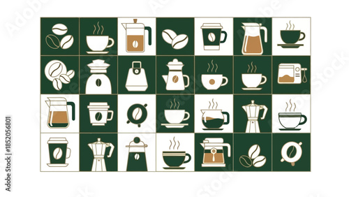 Collection of coffee-themed icons in a tiled grid, representing various brewing methods