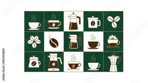 Coffee-themed graphic elements arranged in a grid, representing brewing and beverage varieties