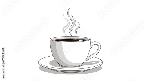 Steaming cup of coffee on a saucer in a simple, minimalist design against a white backdrop