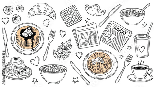 Breakfast food illustration with waffles, pancakes, newspaper, and coffee cup on a white background.