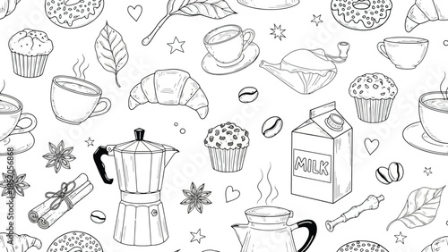Black and white coffee and pastry seamless pattern design, perfect for backgrounds