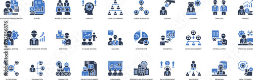 Company Structure solid style icon set. Containing Accounting Administration, Budget, Board of Directors, Capacity, Chain of Command, Human Resources