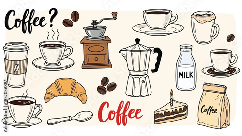 Coffee shop illustrations: cups, beans, croissant, grinder and more for a delightful cafe theme