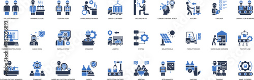 Factory Workers solid style icon set. Containing Factory Workers, Pharmaceutical, Contractors, Handicapped Worker, Cargo Container, Welding Metal, Cyborg Control Robot