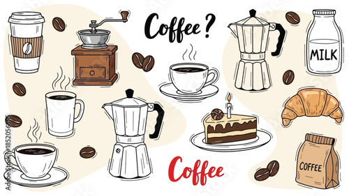 Coffee Time Illustration: Cups, Beans, and Treats on a Beige Background