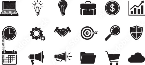 Business and office universal vector icons set, essential commerce symbols