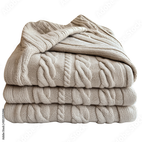 Cozy Knit Blankets Stacked Neatly on a Soft Surface for a Warm Ambiance in a Home Setting