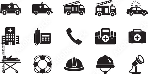 Emergency services and medical care icons for help and safety