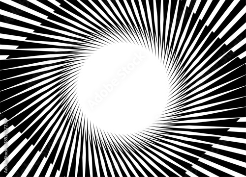 Vector striped swirl pattern of black lines on a white background. Design element for advertising, posters, labels. Modern vector background. Rays. Round place for text in the center. Sun. Shine