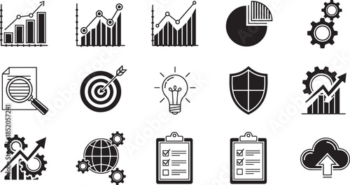 Set of black business and finance icons on transparent background vector