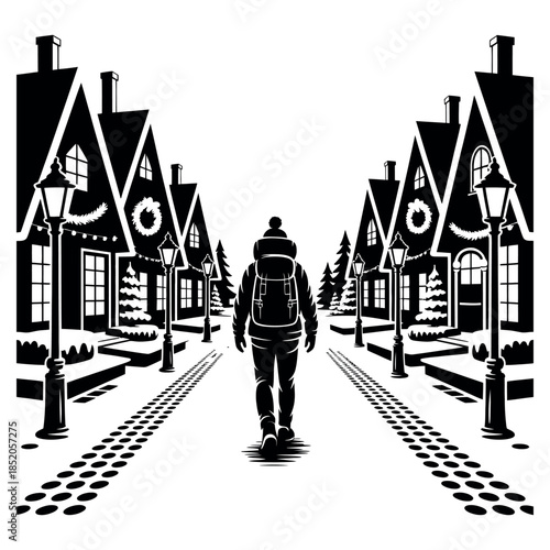 Black and white illustration of person walking down snowy street with decorated houses and trees winter scene serene and peaceful background