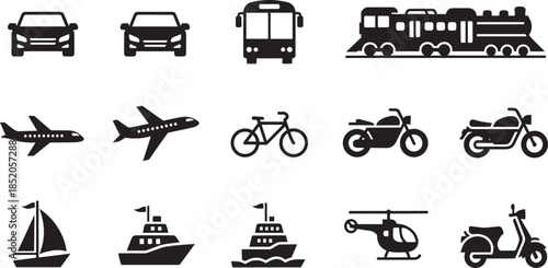 Set of black transportation and travel icons on transparent background