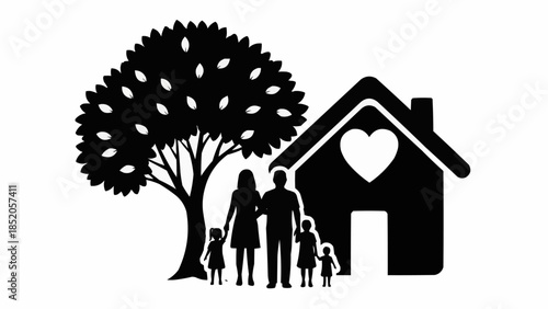 Family Silhouette Standing in Front of House with Tree.
