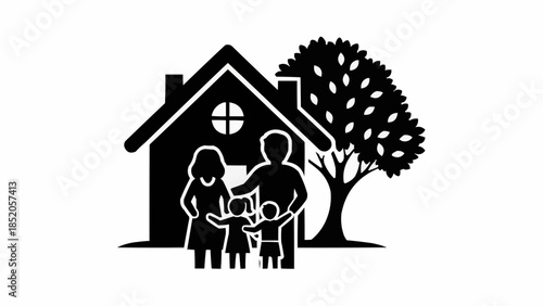 Happy Family Standing in Front of Their Dream Home with a Tree.