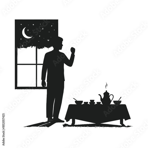 Man standing by window looking out at night with tea table, minimal islamic silhouette